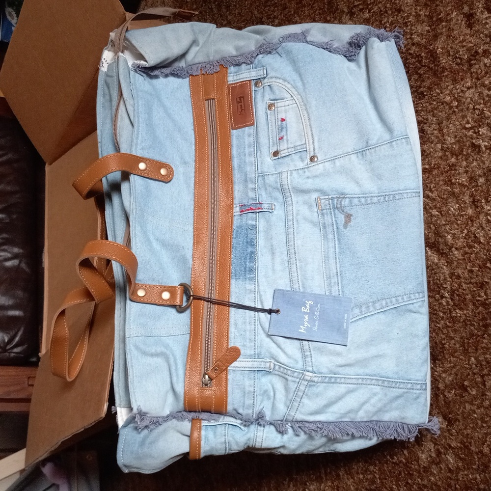 Myra Bag Light Blue Denim Travel Bag with Brown Accents